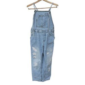 Zara Denim Bib Overalls Straight Casual Distressed Front Pocket Jeans S Blue